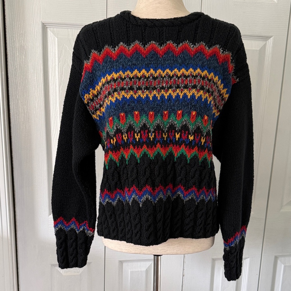 Liz Claiborne Black Sweater with Multicolor Fair Isle Yoke